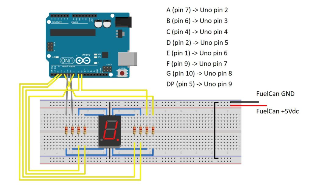 Circuit schematic to interface 7-segment display to arduino uno